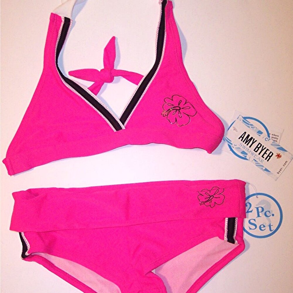 NWT Amy Byer Girl's 2 Pc. Hot Pink Hibiscus Bikini Swimsuit, Size 14, $30